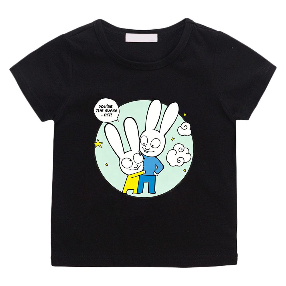 

Детская футболка Simon Super Rabbit Мультяшная 100% Хлопок Милая для Мальчиков и Девочек Короткий Рукав Принт Манга Детский Топ Повседневный Малыш Лето 100 чёрный