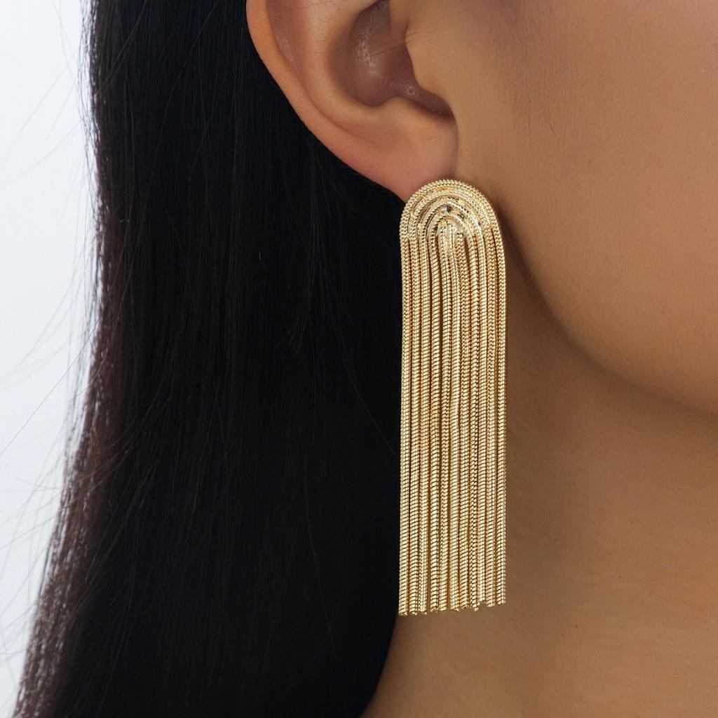 Copper Alloy Electroplated Steel Needle Tassel Earrings - Elegant European & American Design