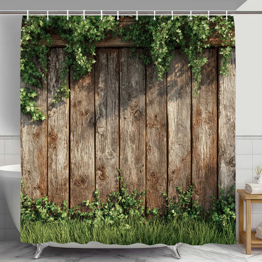 Tenda da Doccia Paesaggio Rurale in Mattoni, Roccia e Piante, Tenda Decorativa da Bagno Floreale, Tenda da Doccia in Poliestere con Ganci