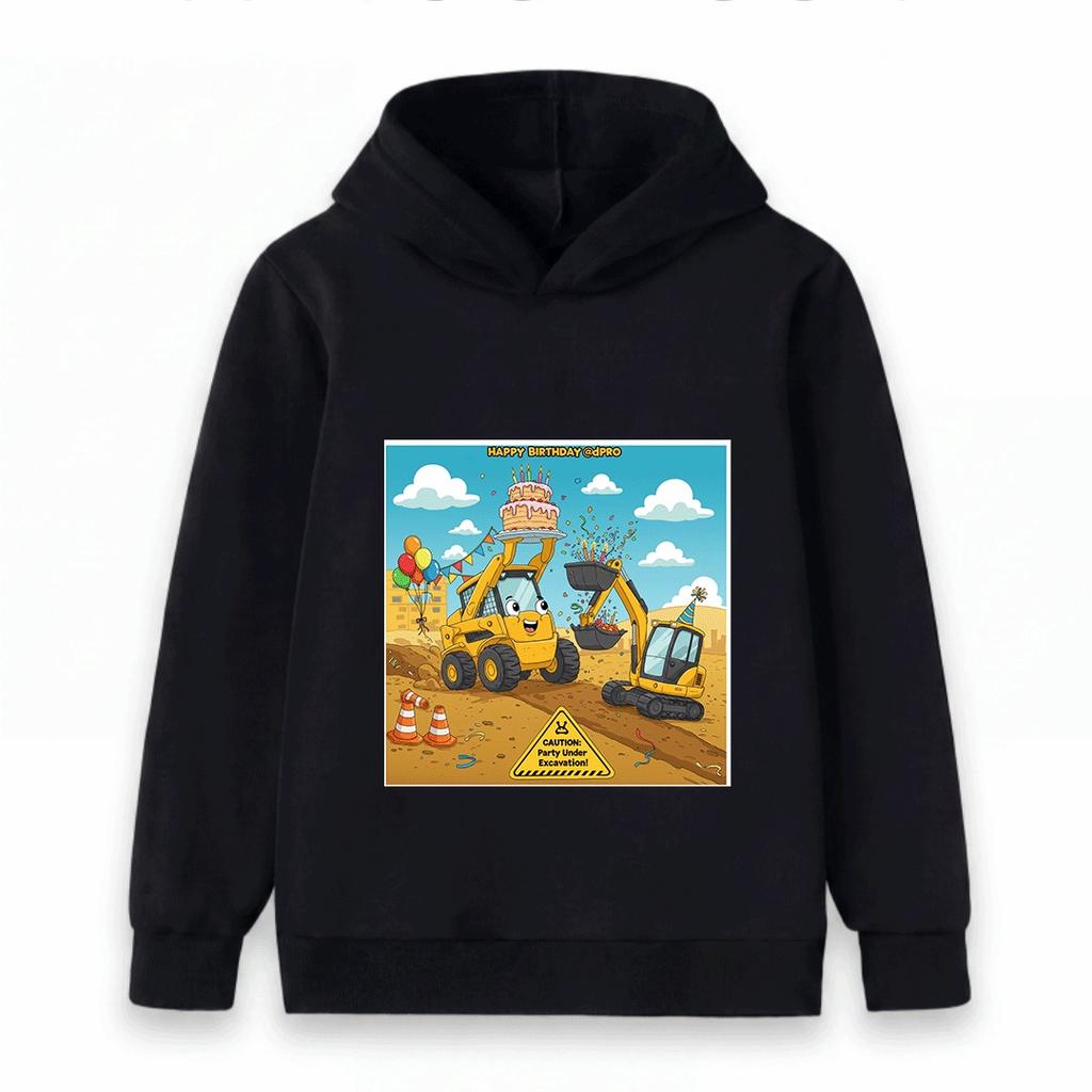 Kids Happy Birthday Construction Truck Hoodie Cartoon Excavator Skid Steer Print Pullover for Boys Girls Casual Party Sweatshirt