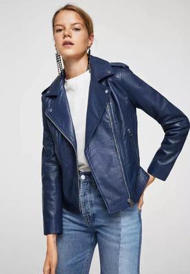 Real Original Jacket Women's Blue Genuine Lambskin Leather Jacket Biker Motorcycle