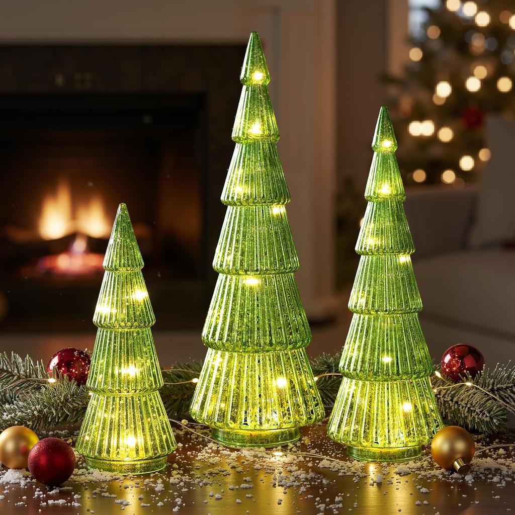 3pcs Green Glass Christmas Tree Figurines, Crystal Finish Tabletop Ornaments for Home Decor