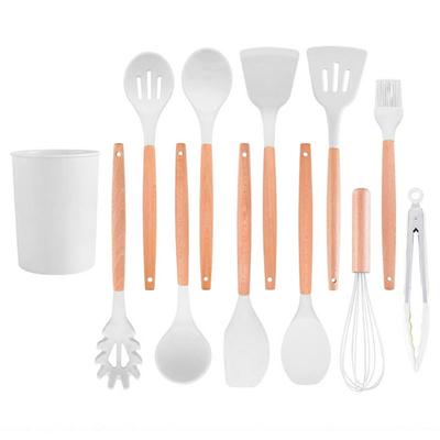 White Silicone Kitchenware Wooden Handle Non-stick Cooking Utensils Set Spatula Shovel Egg Beaters Kitchen Cooking BBQ Tool Set