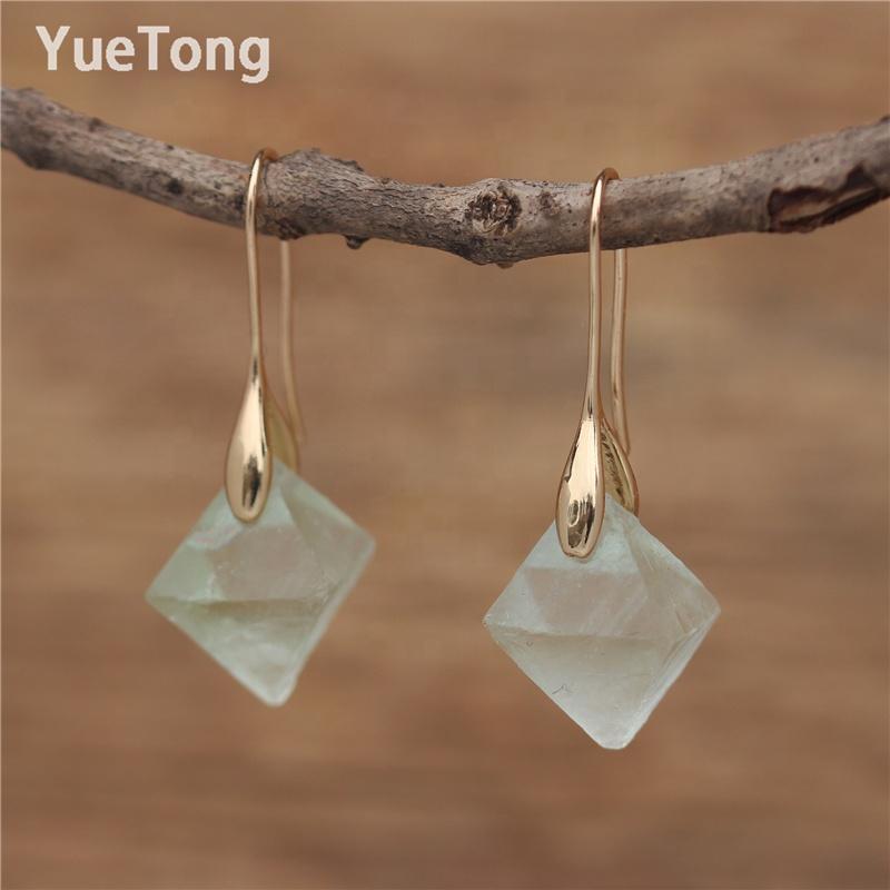 Raw Natural Stone Green Blue Purple Fluorite Gold Hook Teardrop Dangle Earrings Women Minimalist Gemstone Jewelry