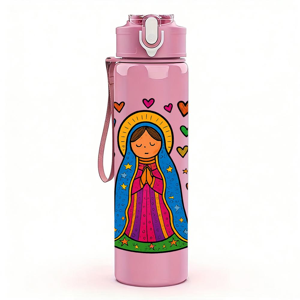 1PC Virgin Mary Heart Floral Frame 750ml Color Plastic Sports Water Bottle Leakproof Flip Straw Lid For Sports Office Home Use