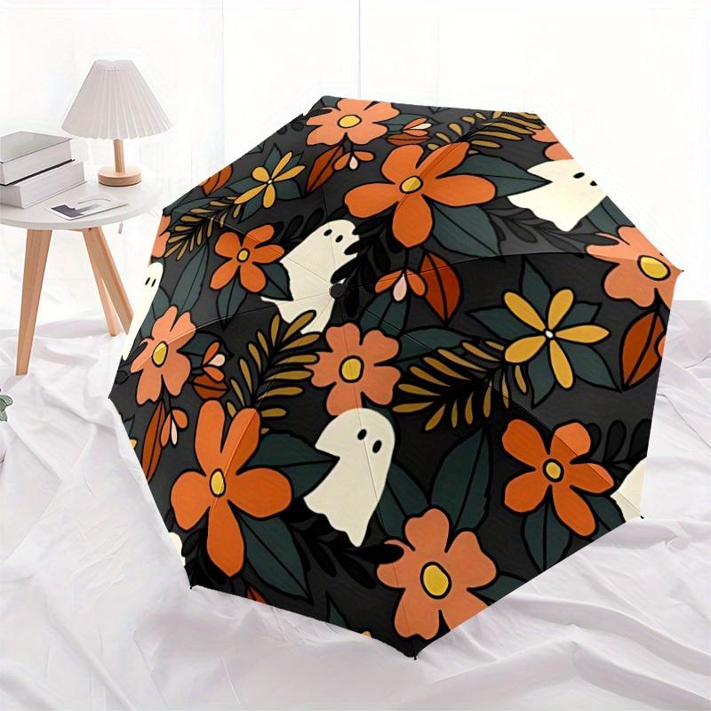 1pc Ghost Floral Automatic Open/close Folding Compact Umbrella, 8-Rib Sturdy Canopy, Lightweight Portable, Everyday Use, Gift, Outdoor Umbrella, Trave