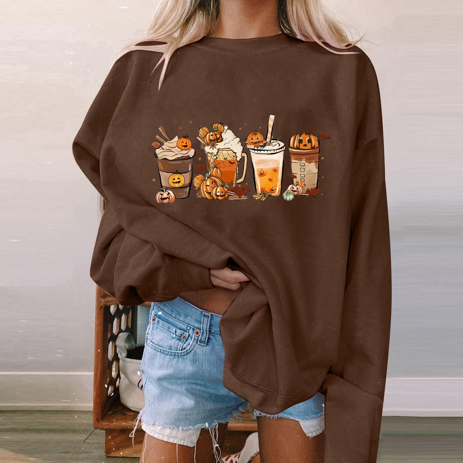 

Женский пуловер с принтом Хэллоуина, круглый вырез, заниженная линия плеча, блузка с длинными рукавами XL кофейный