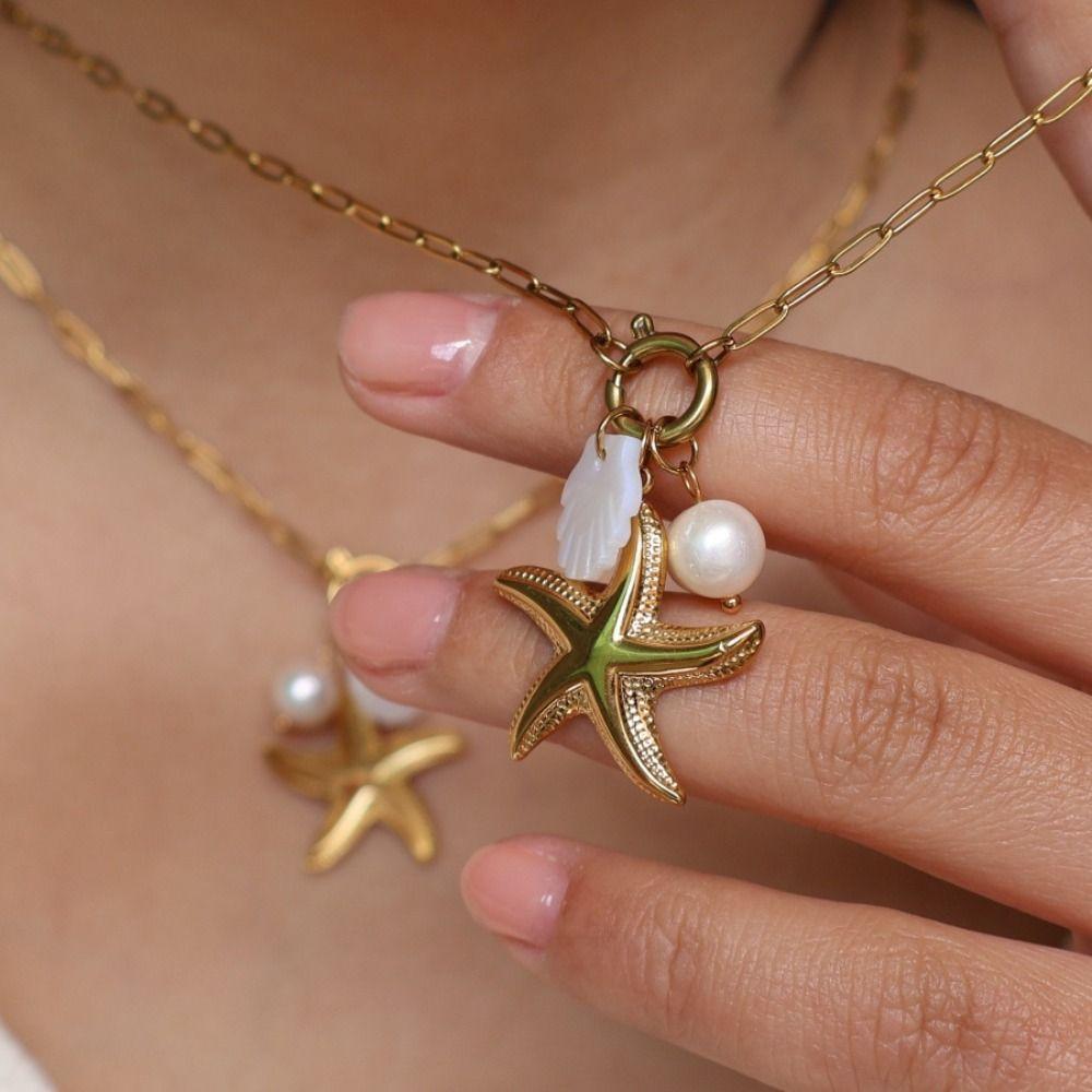 Handmade Ocean Style Necklace Sea Star Pearl Starfish Neck Chain  Female Lady Girl