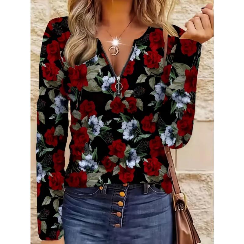 T-shirt da donna con stampa creativa, zip e maniche lunghe, traspirante, morbida e confortevole, adatta per l'abbigliamento casual tutto l'anno