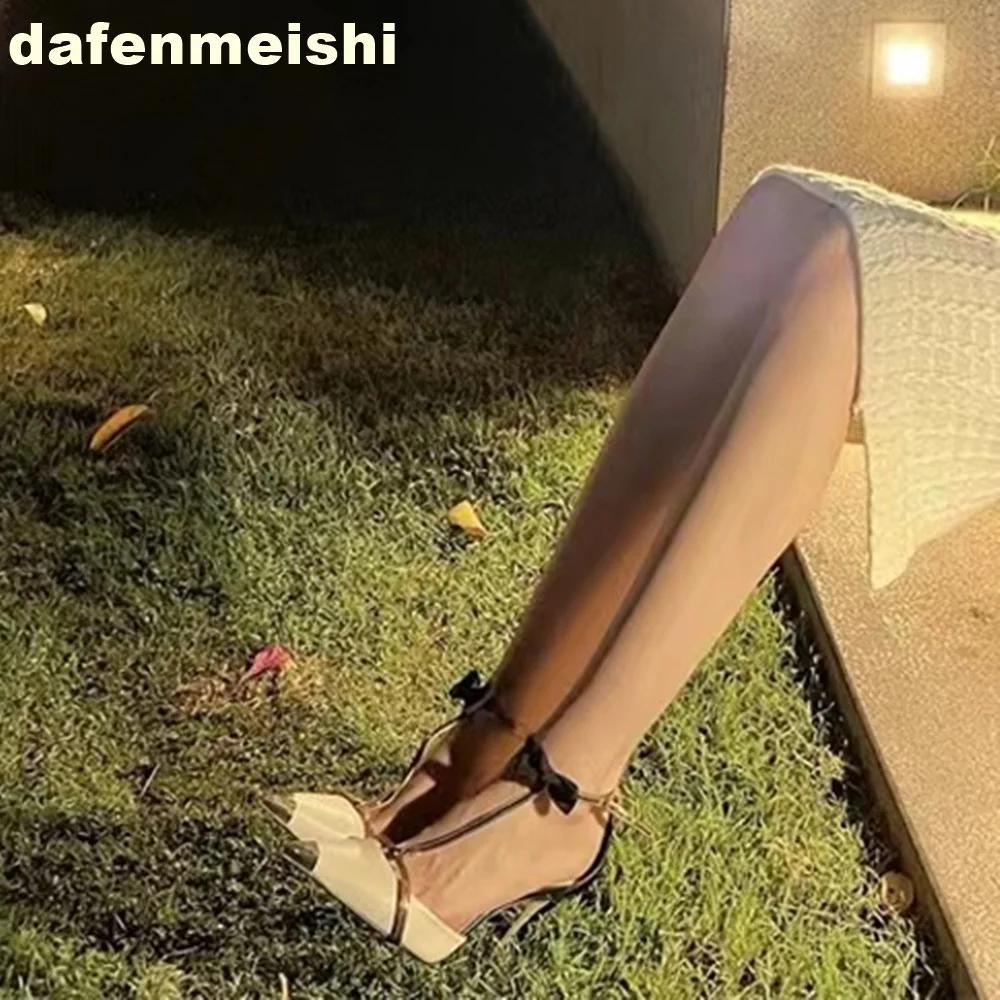 Fashion 2025 Spring New Women Sandals Bow-Shaped Buckle Metal Toe T-Strap Sandals Pointed-Toe Sexy High-Heeled Shoes Party Banquet Shoes