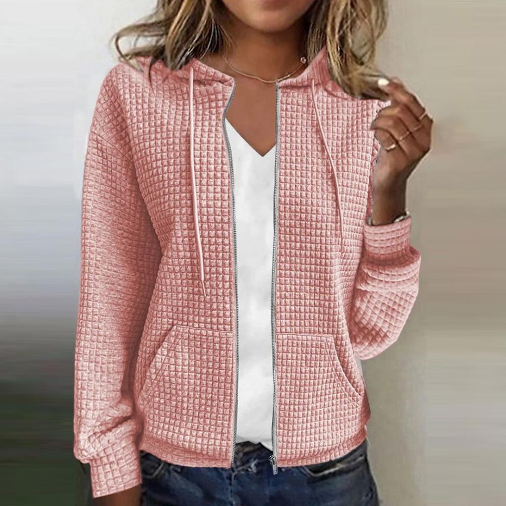 Women's Solid Color Zipper Hooded Cardigan Long Sleeved Sweatshirt Jacket