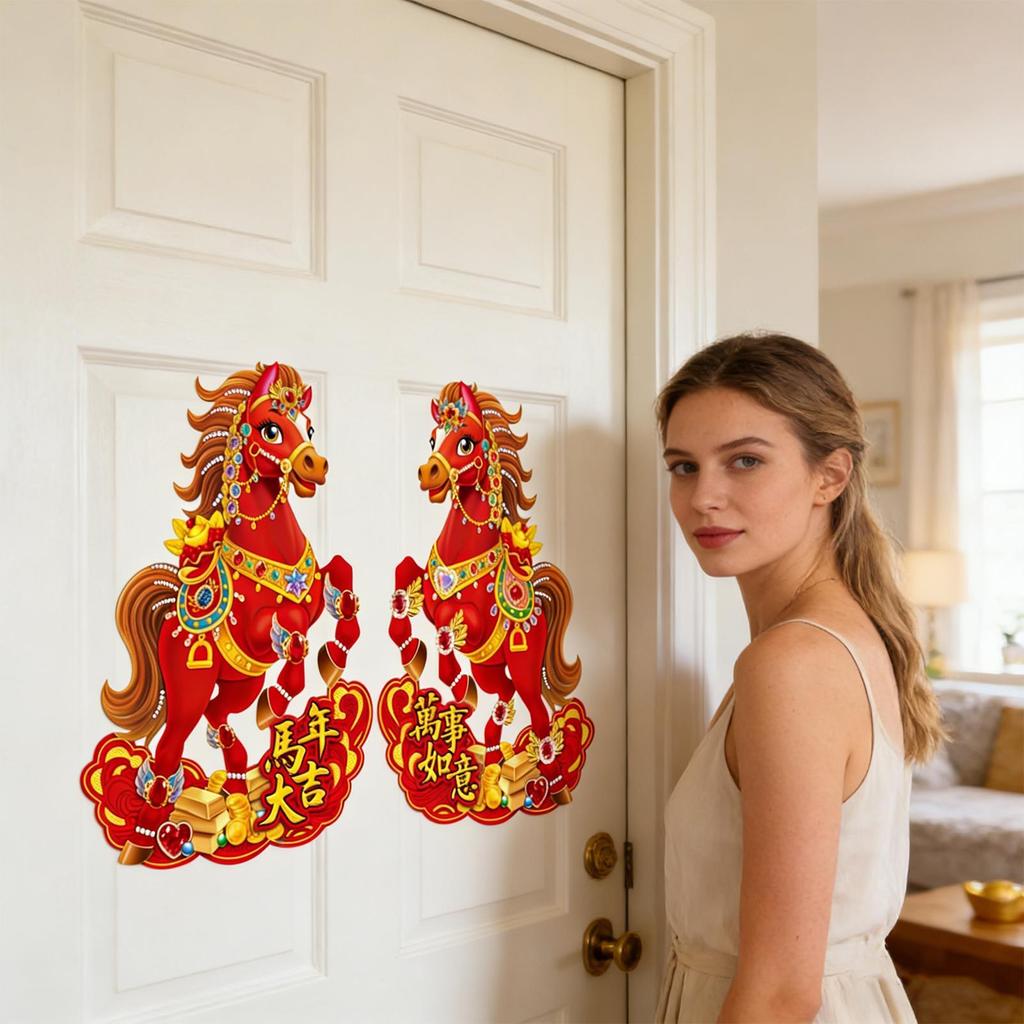 Chinese New Year Door Banner Red Wall Horse Decoration Paper Animal Ornament 2PCS Set for Workplace Shop Holiday Decorations