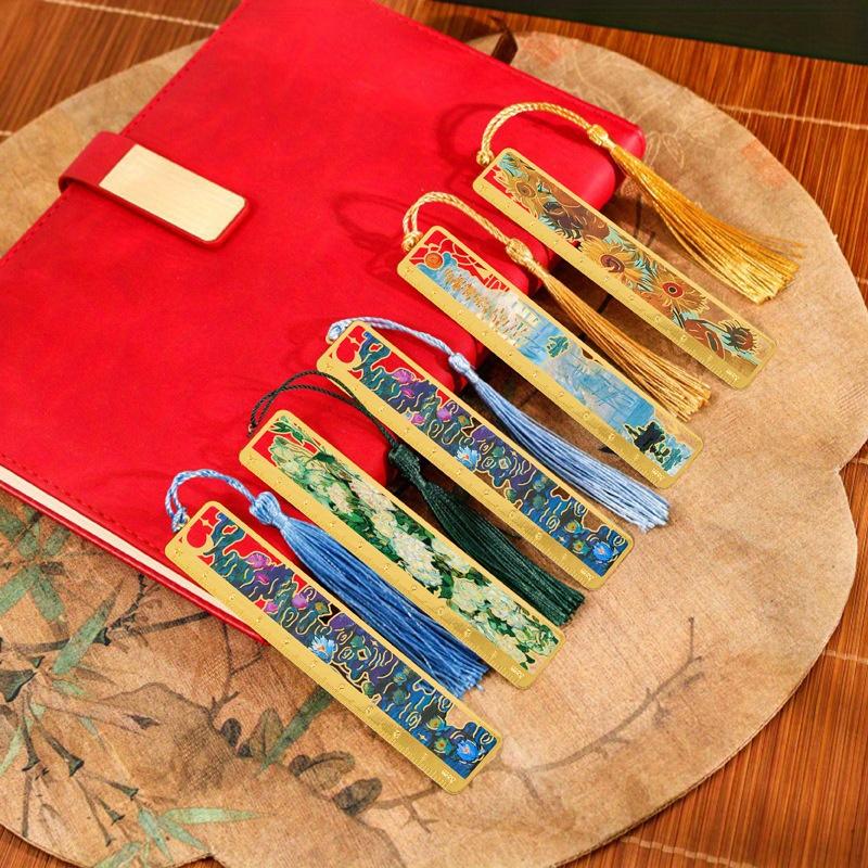 6PCS/SET Retro Oil Painting Metal Hollow Flower Bookmark - Students Literary Brass Ruler Bookmark School Holiday Gift