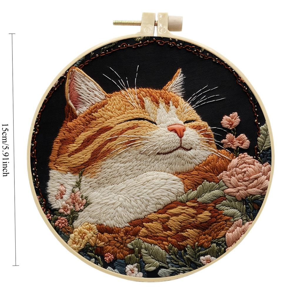 1pc Kitten and Flower Pattern Embroidery DIY Fabric Craft Kit with Tools