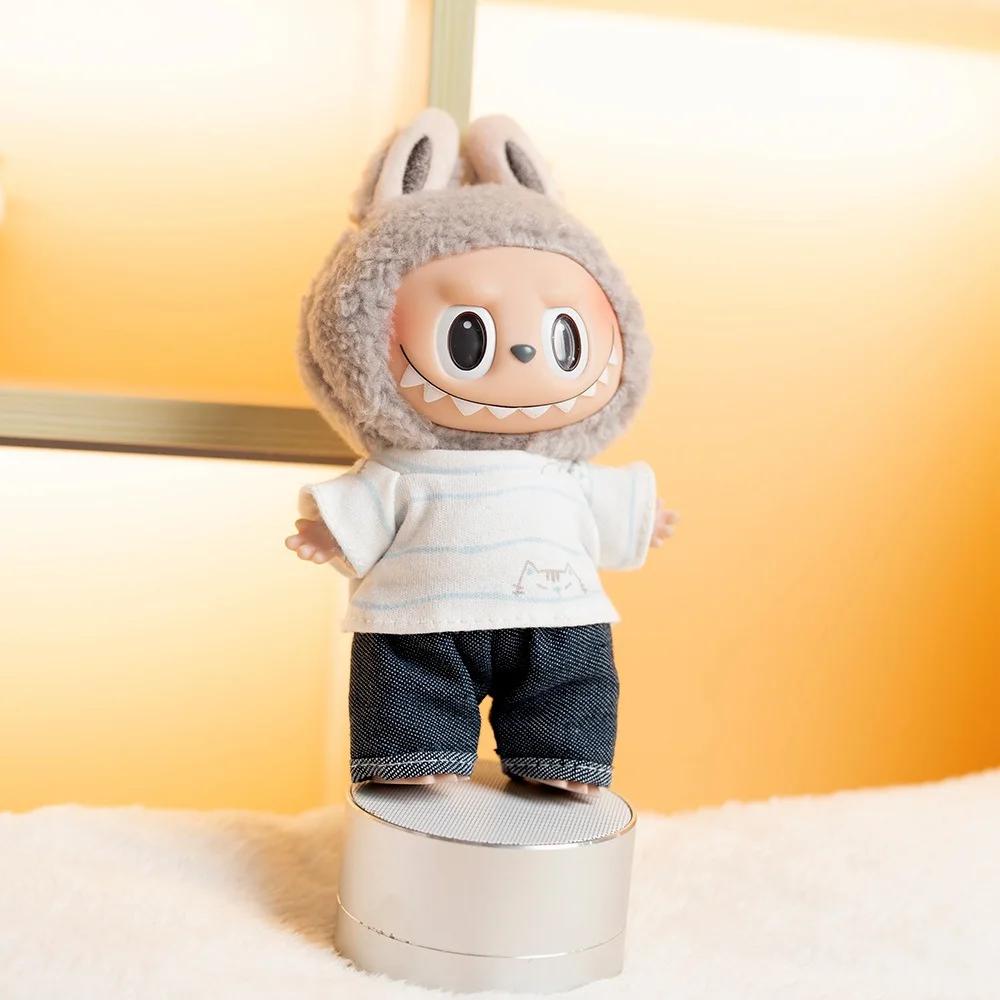 17cm Cute Mini Plush Doll's Clothes Outfit Accessories For Labubu Idol Dolls Striped T-shirt And Rolled Jeans Two-piece Set Gift