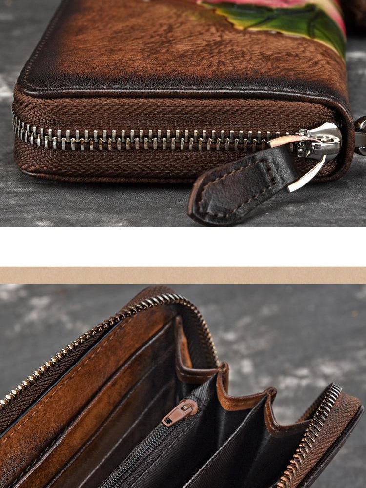 Johnature Handmade Vintage Genuine Leather Ladies Clutch Bags Female Purse Women Floral Zipper Standard Wallets
