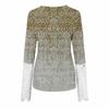 Women's Round Neck  Slim Printed Stitching Lace Long Sleeve Top