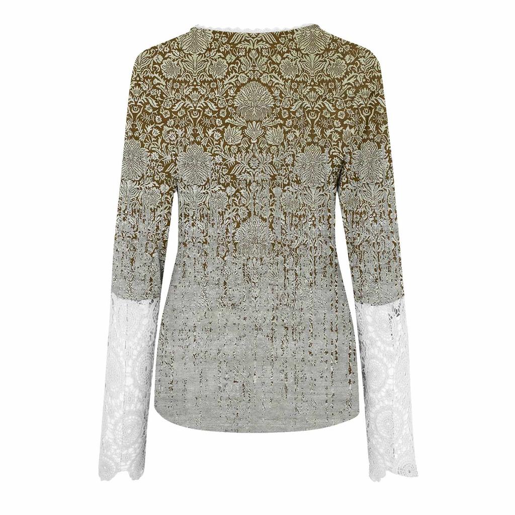 Women's Round Neck  Slim Printed Stitching Lace Long Sleeve Top