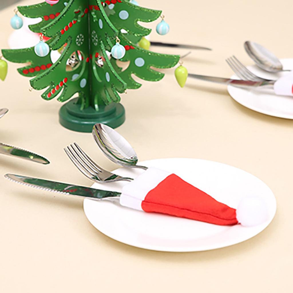 10pcs Christmas Decorative Tableware Fork Set Christmas Hat Storage Tool