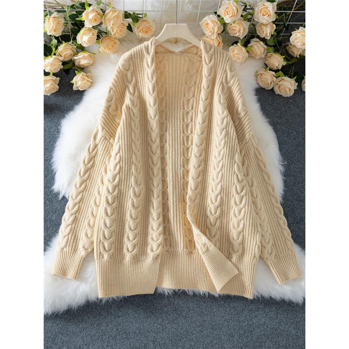 

Новый вязаный кардиган средней длины на осень и зиму, ретро-мода, толстый свободный свитер с косами для женщин XL