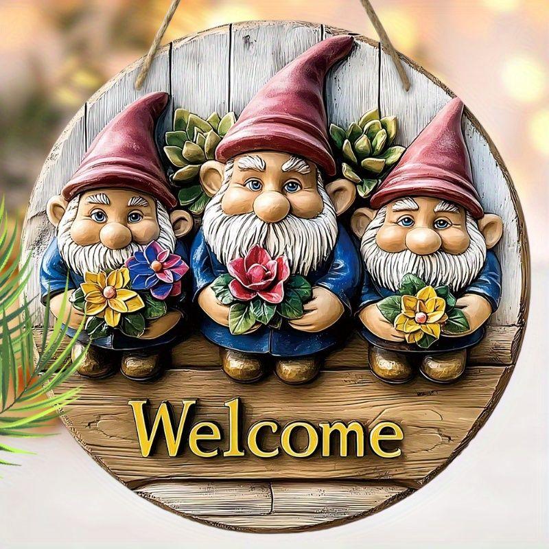 Wooden hanging decorative sign,welcome signs,The pattern is three gnomes,indoor or garden decorations,2D flat pendants, housewarming gifts for friends