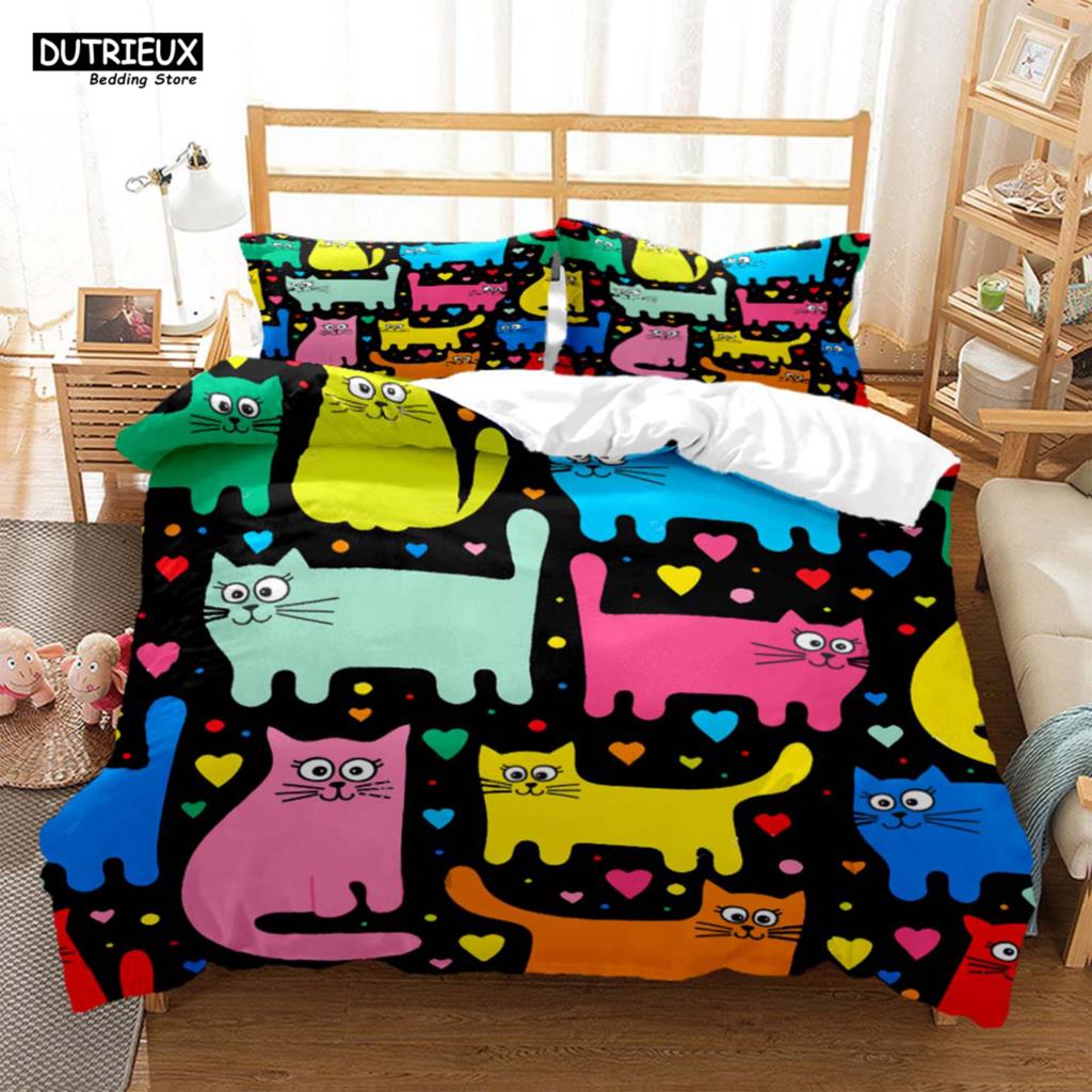 Cute Cat Print Quilt Cover Pillow Cover  Bedding Set Luxury Queen Bedding Set Cute Style Customized  children‘s  Bedding Set