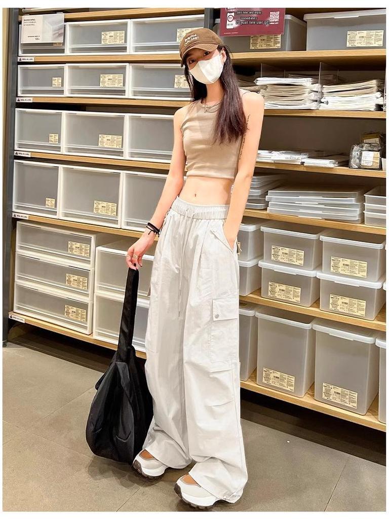 Women's High-Waist Apricot Cargo Pants - Petite Wide-Leg, Spring/Autumn, Casual American Sports Style.