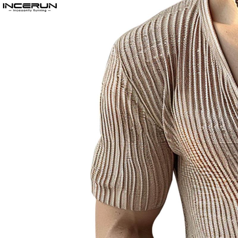 INCERUN Herren Kurzarm Button Up Deep V Neck Textured Tops T-Shirts
