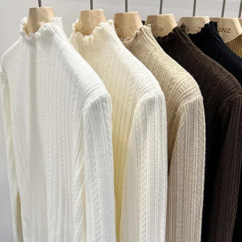Wood-ear Edge Knitted Shirt Half Turtleneck Bottom Shirt Women in Autumn and Winter with Bottom Sweater Women's New Top