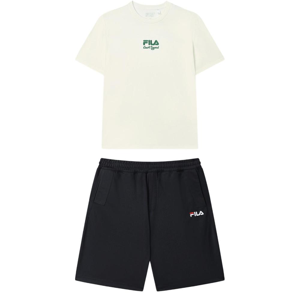 

Fila Ретро Топ с простым пуловером и короткими рукавами и эластичные брюки длиной пять четвертей Повседневный спортивный костюм Мужской костюм F11M339112F-IV+F11M328604F-NV M