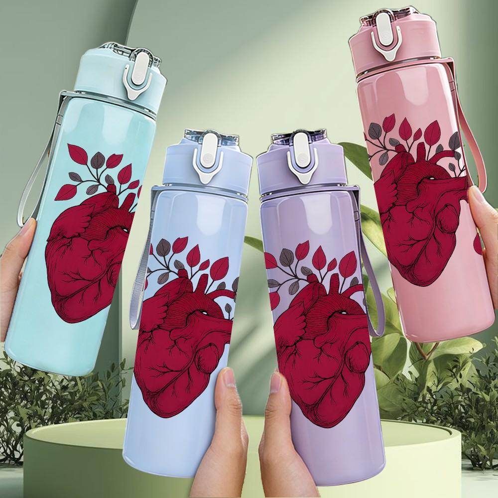 1PC Human Heart Floral Print 750ml Color Plastic Sports Water Bottle Leakproof Flip Straw Lid Suitable for Sports Office Home Use