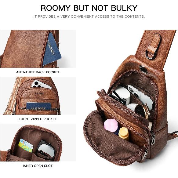LATMAP 7L Women's Shoulder Bag, Faux Leather, Anti-Theft, Small Casual Backpack, Waist Bag, Crossbody Bag, Chest Bag, Wallet, Waterproof, Brown,