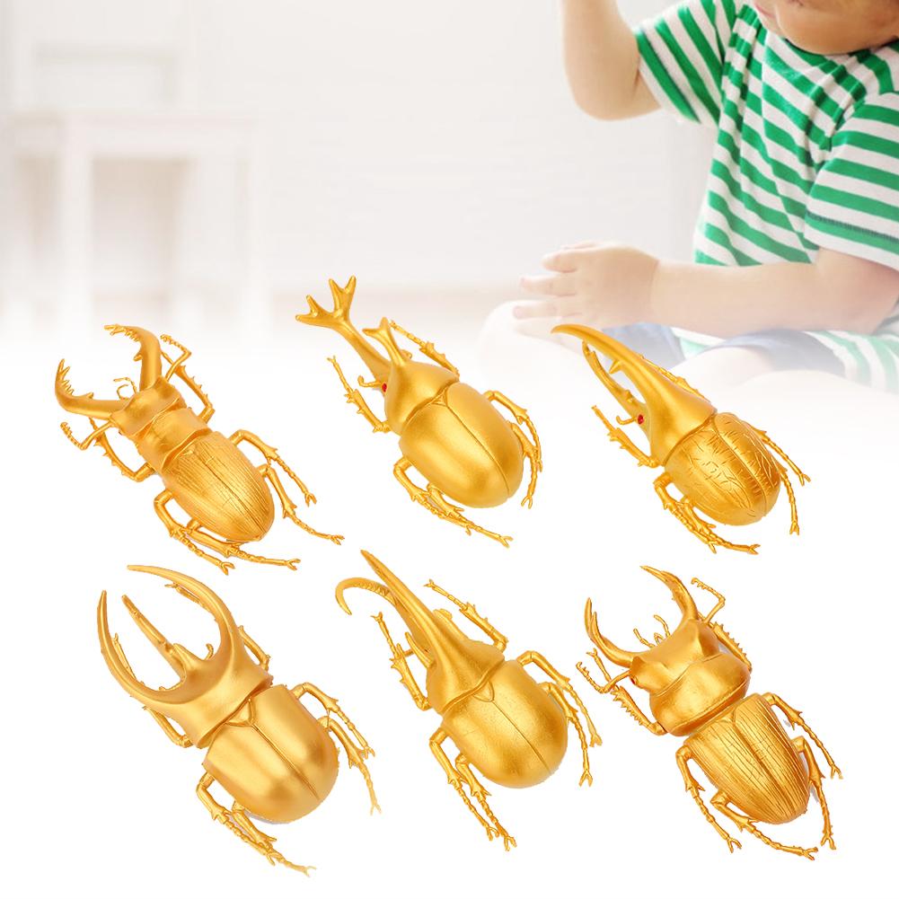 6pcs Simulation Beetle Insect Model Halloween Trick Props NonToxic PVC Insect Toy(Gold )