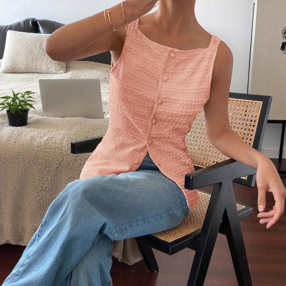 Fashionable Style Single-button Round-neck Sleeveless Fitted Tank Top In Solid Color for Ladies