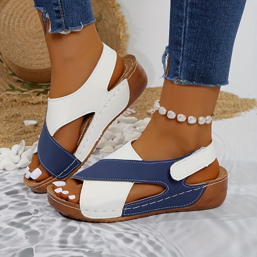 Women's Color Blocking Slope Heel High Heel Sandals, Casual Open Toe Thick Bottom Shoes, Comfortable Ankle Strap Sandals