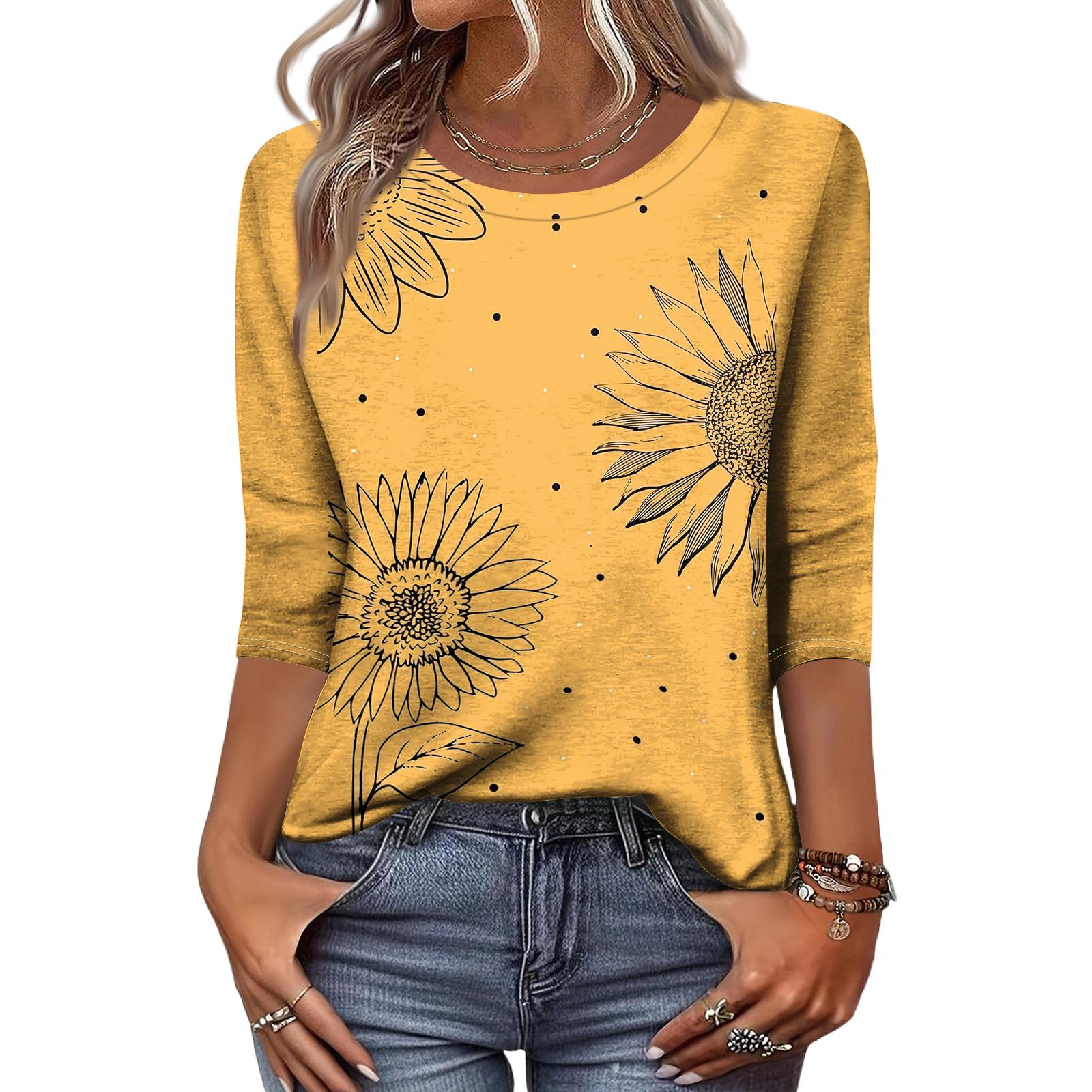

Women s Fashion Casual Round Neck 3/4 Sleeve Loose Printed T-Shirt Ladies Top XL жовтий