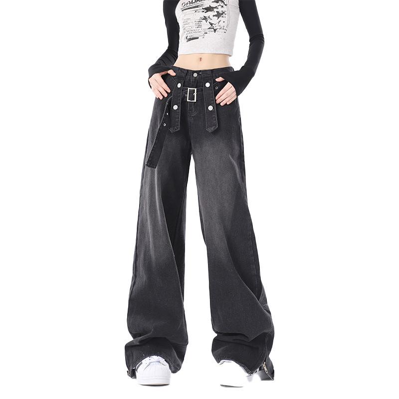 

Черные нишевые джинсы в стиле ретро, ​​женские пояса с разрезом, широкие брюки, прямые брюки High Street L чёрный