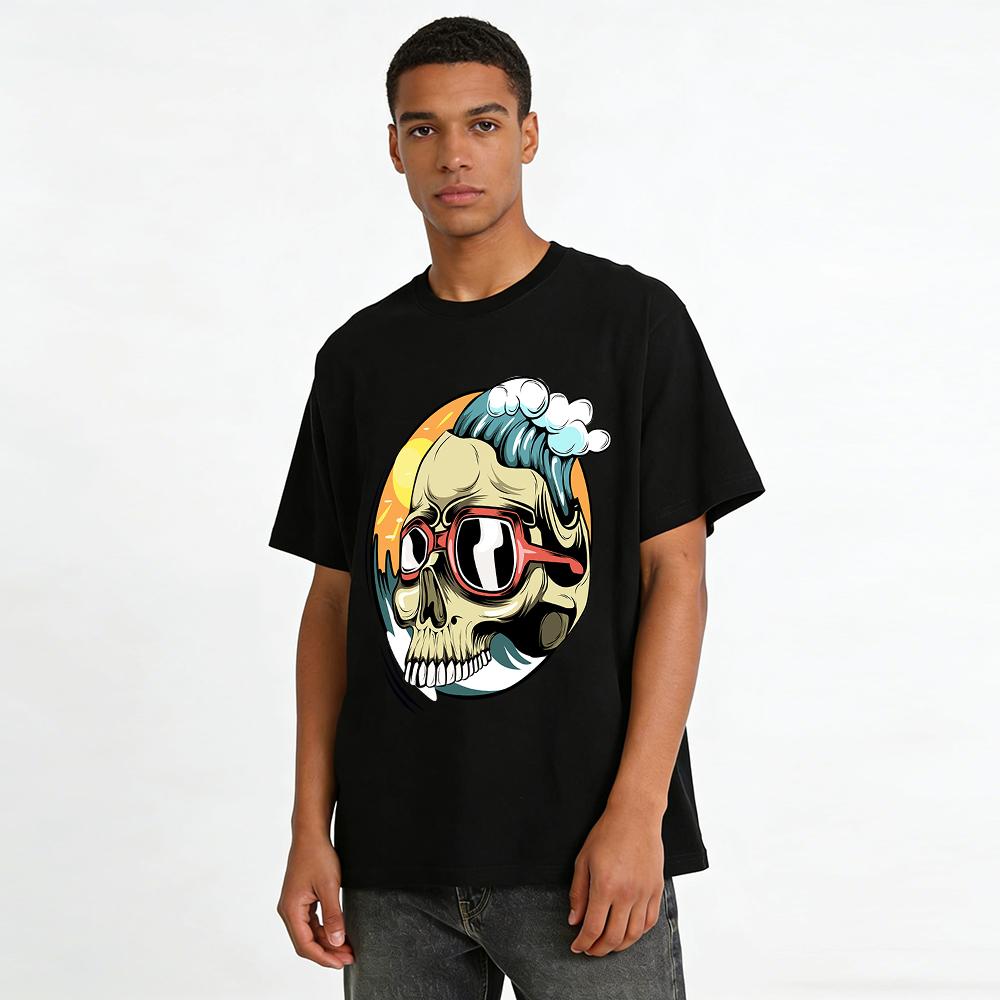 Vintage Surf Skull Print T-shirt American Street Trendy Casual Tee Pure Cotton T-shirt