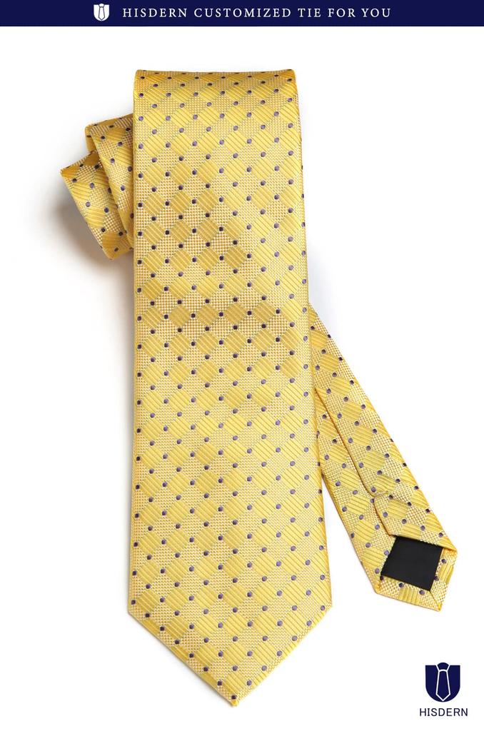 [HISDERN] Men's Business Tie, Silk, Washable, Yellow, Polka Dot Pattern, Stylish, for Weddings, Job Hunting, Entrance Ceremonies, Graduation