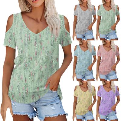 Dámská letní móda Ležérní Tričko s výstřihem do V a krátkým rukávem s potiskem