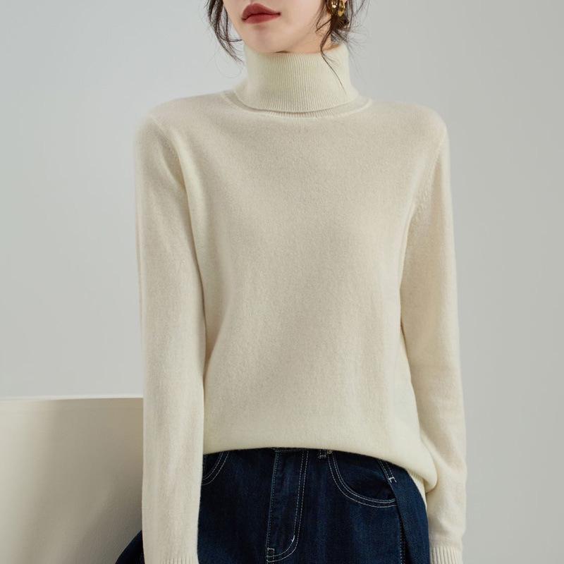 Women's Pure Wool High Neck Pullover: Warm Autumn/Winter Base Layer Long Sleeve Sweater