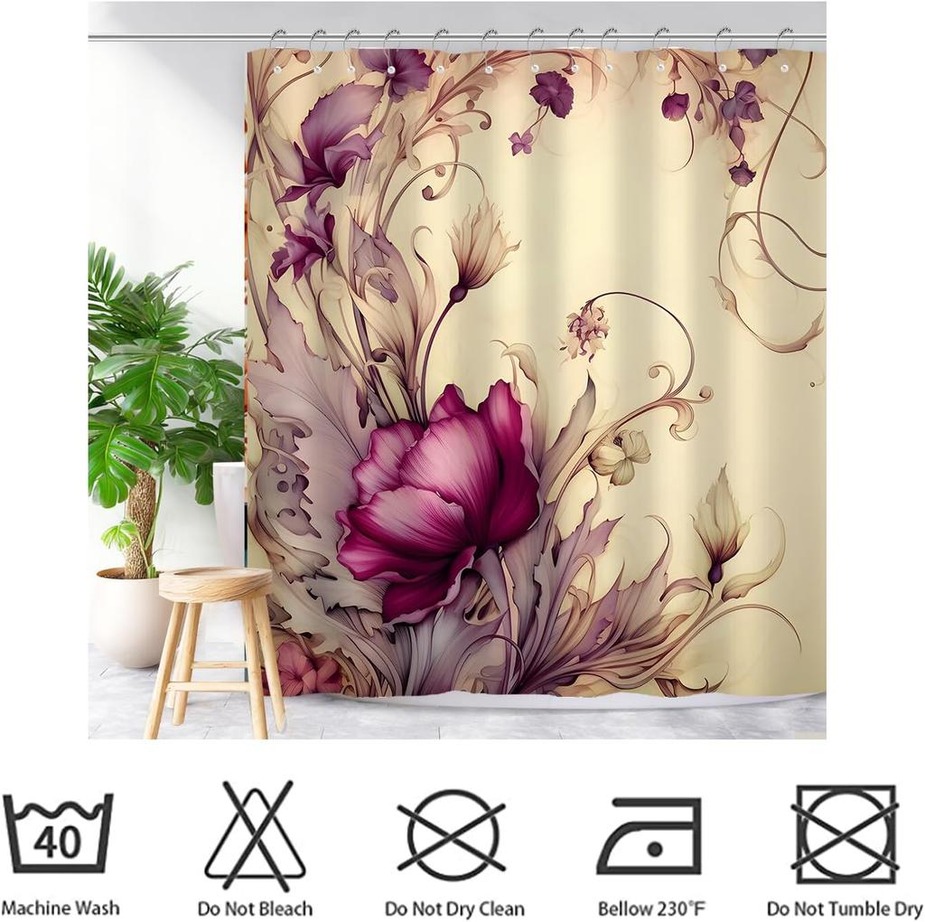 Cortina de Ducha Floral Morada Vintage Morado Oscuro Beige Flor Cortinas de Ducha Para Baño Boho Victoriano Lila Floral Baño