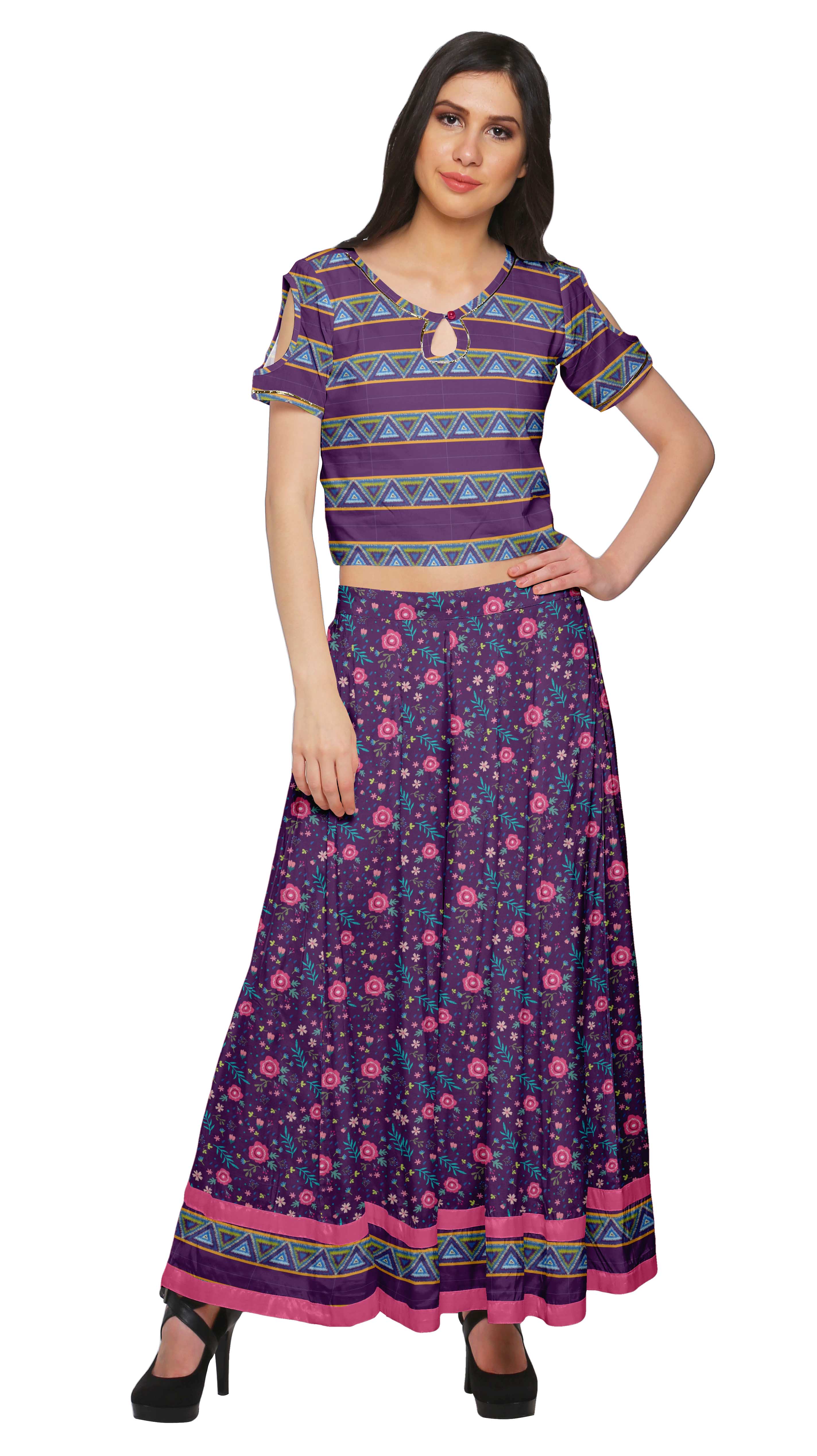 

Moomaya Crop Top With Loose Palazzo Set For Women Printed Ethnic Clothing XS фіолетовий