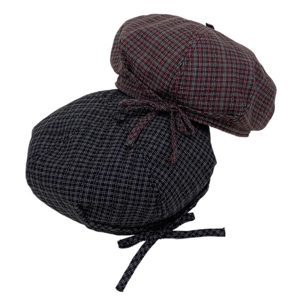 Korean Style Women Painter Hat Bow Women Octagonal Cap Sweet Plaid Beret Hat  Girl