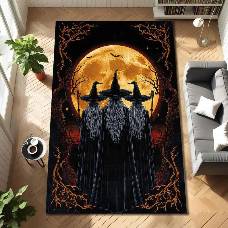 

Three Witches Rug | Moon Gazing Witch Decor Mystical Halloween Rug Medieval Knight Dragon Sword Carpet Living Room Home Decor 50X80CM