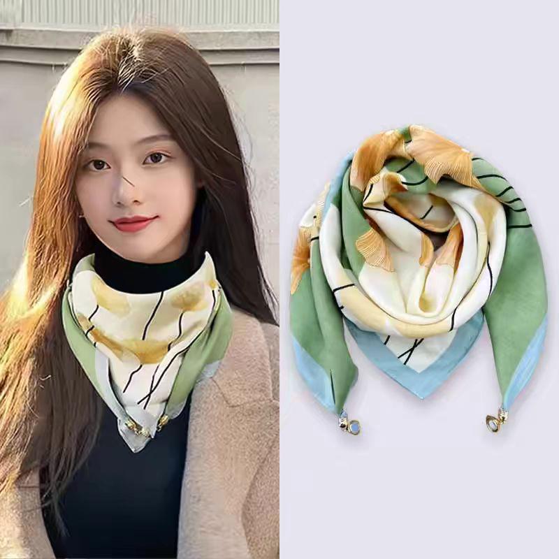 Silk Scarf with Magnetic Buckle - Square, Fashionable Winter Accessory for Women