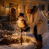 Snowman Theme Yard Art Solar Garden Light with Flowing Snowflakes, LED Christmas Waterfall Decorative Hanging String Lights Lighting Star Weatherproof