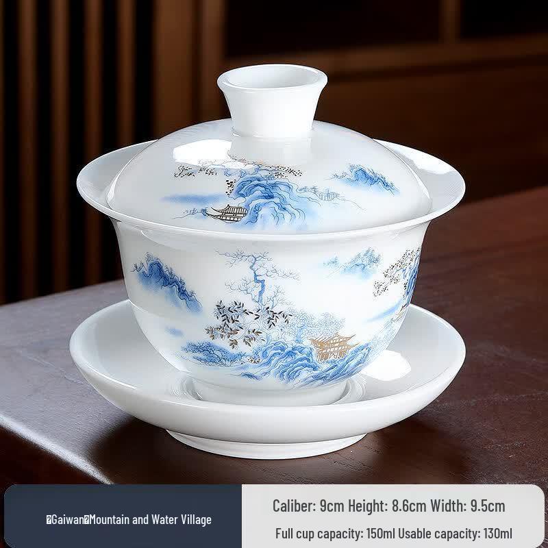Large Blue & White Porcelain Star Pattern Gaiwan Tea Bowl Large