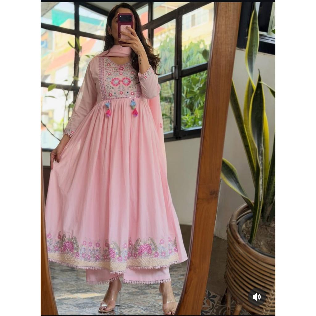Designer Beautiful Cotton Anarkali Suit Indian Ethnic Kurta Pant Dupatta Set