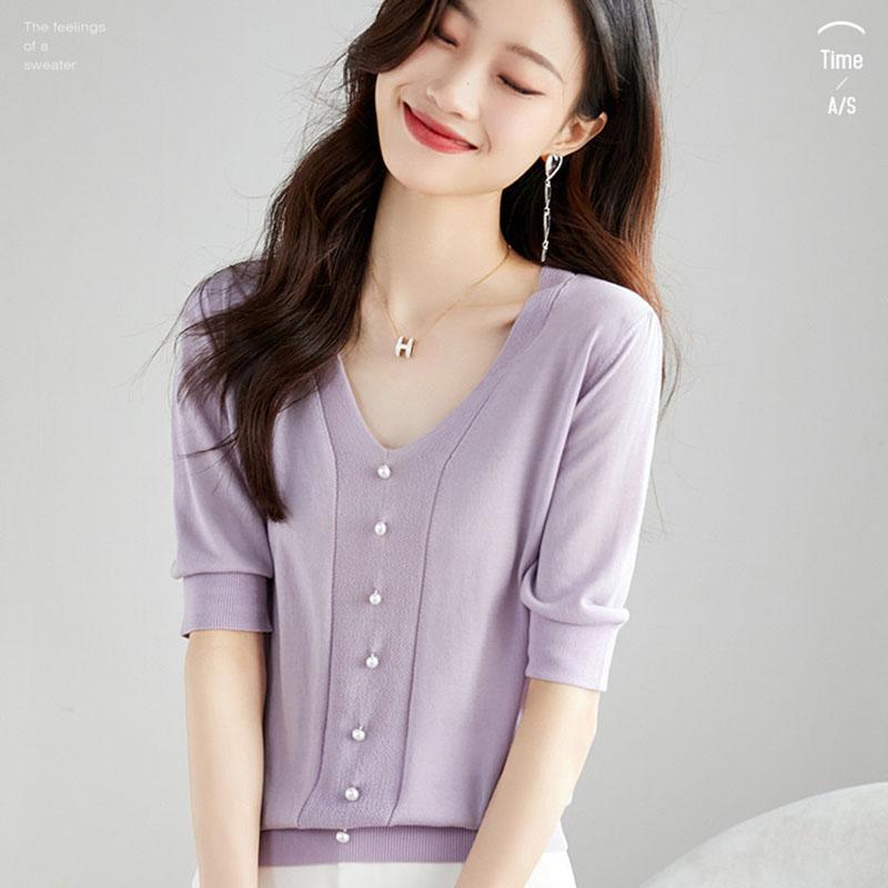 Summer Knitted Sweater Women Half Sleeve V-Neck Knitted Top Thin Loose Pearl Knitted T-shirt